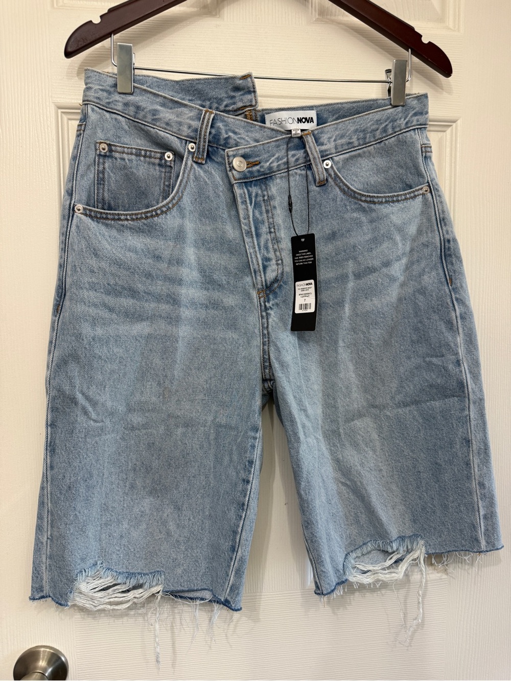 Fashion Nova Light Wash Distressed Denim Bermuda Shorts - Light Blue